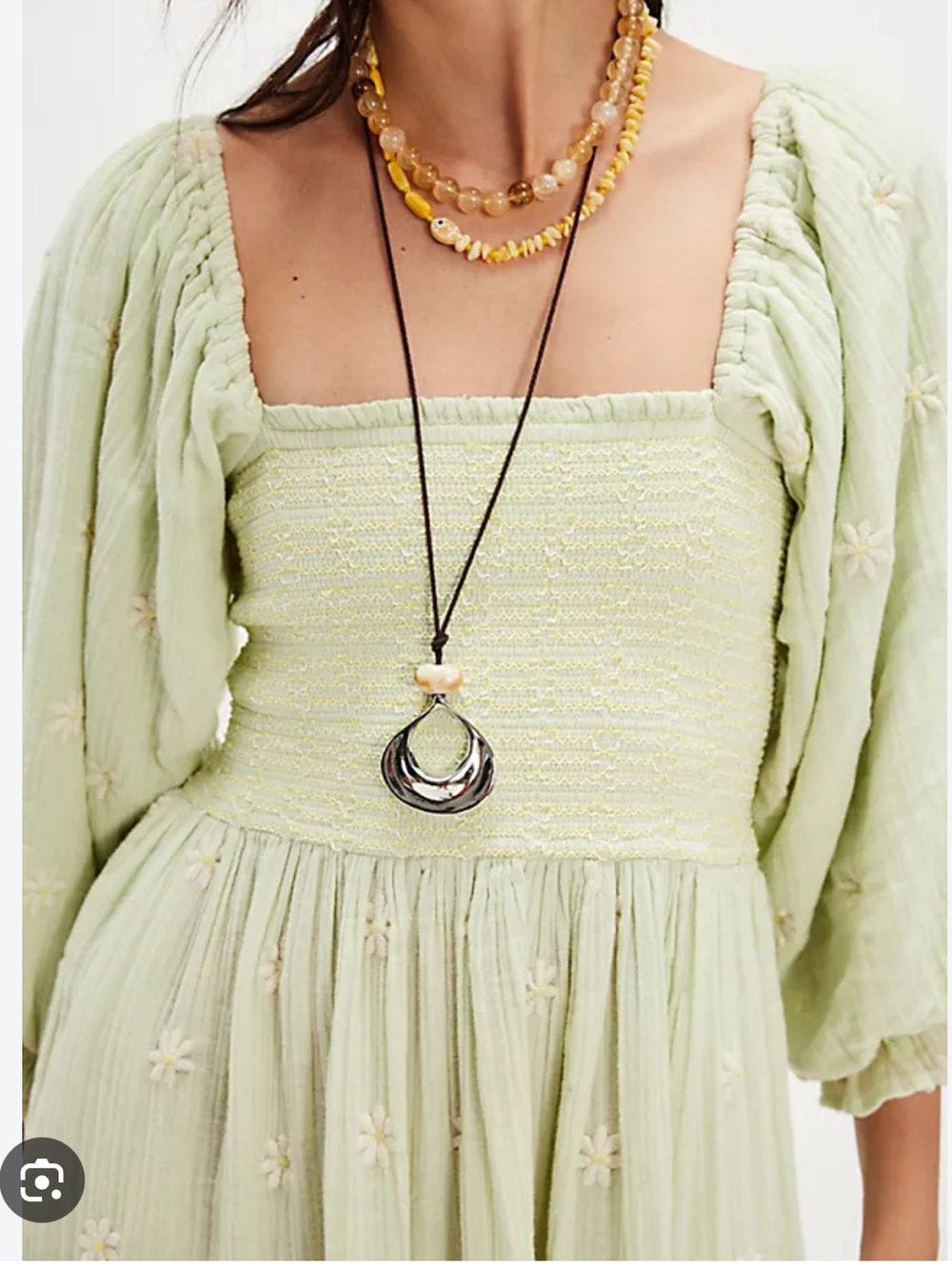 Free People Dahlia embroidered smocked maxi dress Honeydew combo